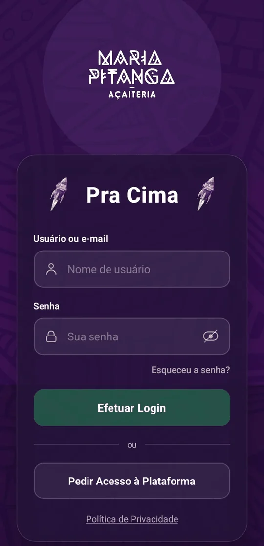 Tela de login do aplicativo Pra Cima